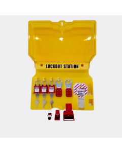 LOTO LOCK ตู้แขวน พร้อมอุปกรณ์ล็อคระบบไฟฟ้าเบื้องต้น LT-Group2 สำหรับช่างไฟฟ้า แม่กุญแจ ก้ามปูล็อค อุปกรณ์ล็อคเบรคเกอร์ ป้ายแท็ก ตู้เเขวนสีเหลือง 5ช่อง พร้อมช่องเสียบป้ายเเท็ก