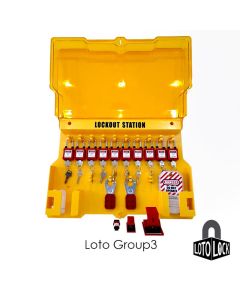 LOTO LOCK ตู้แขวน พร้อมอุปกรณ์ล็อคระบบไฟฟ้าเบื้องต้น LT-Group3 สำหรับช่างไฟฟ้า แม่กุญแจ ก้ามปูล็อค อุปกรณ์ล็อคเบรคเกอร์ ป้ายแท็ก ตู้เเขวนสีเหลือง 14ช่อง ช่องเสียบป 2ช่อง