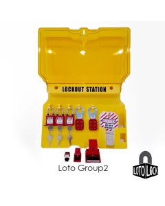 LOTO LOCK ตู้แขวน พร้อมอุปกรณ์ล็อคระบบไฟฟ้าเบื้องต้น LT-Group2 สำหรับช่างไฟฟ้า แม่กุญแจ ก้ามปูล็อค อุปกรณ์ล็อคเบรคเกอร์ ป้ายแท็ก ตู้เเขวนสีเหลือง 5ช่อง พร้อมช่องเสียบป้ายเเท็ก
